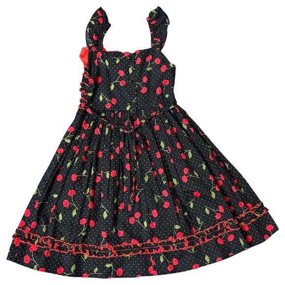 Jenny & Me Girls Black Cotton Cherry Print Dress Flutter Sleeve Ruffles Size 6 - Picture 3 of 6
